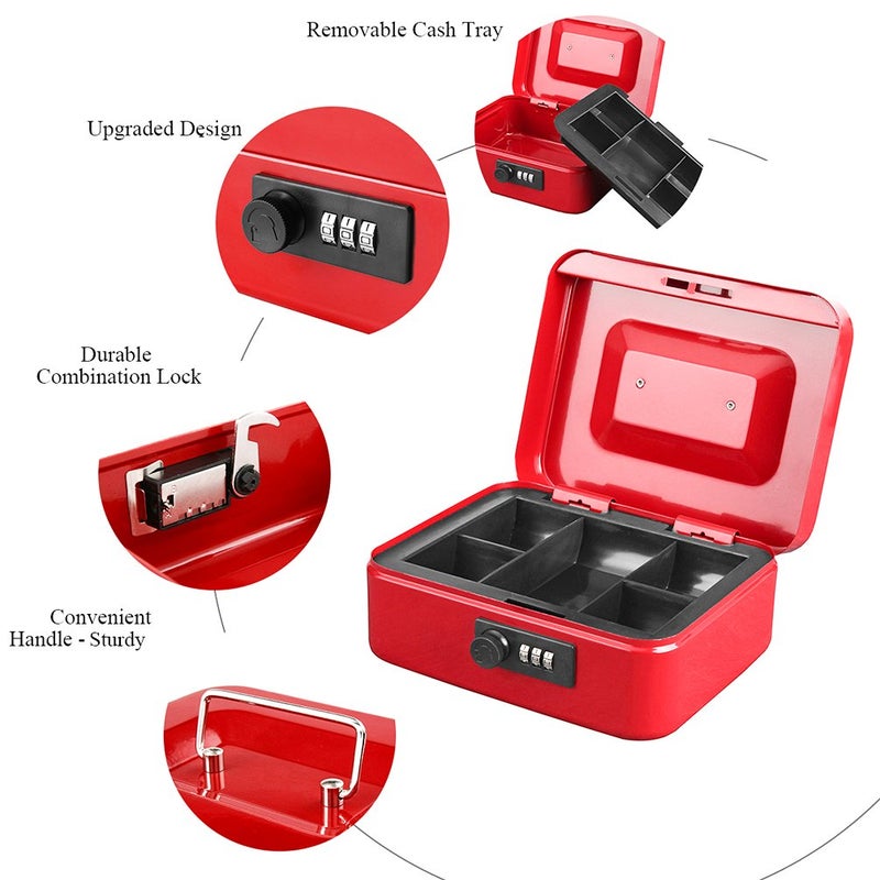 Jssmst Medium Cash Box with Combination Lock - Durable Metal Cash Box with Money Tray Red, 7.87 x 6.3 x 3.35 inches, CB0703M - Image 4